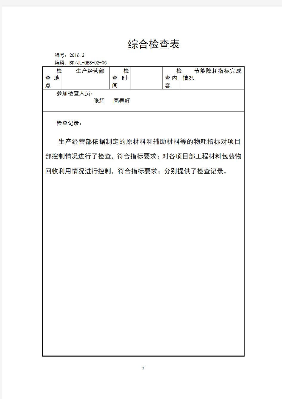 节能降耗综合检查表