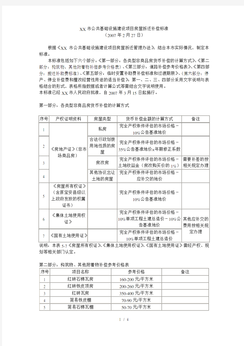 深圳市公共基础设施建设项目房屋拆迁补偿标准
