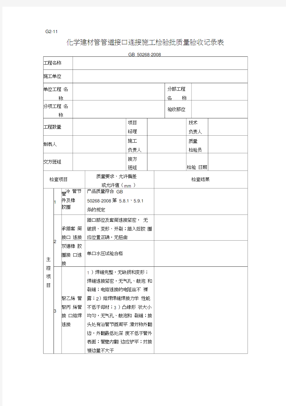 (完整word版)G2-11-化学建材管管道接口连接施工检验批质量验收记录表