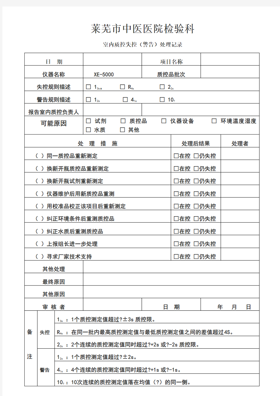 室内质控失控处理记录