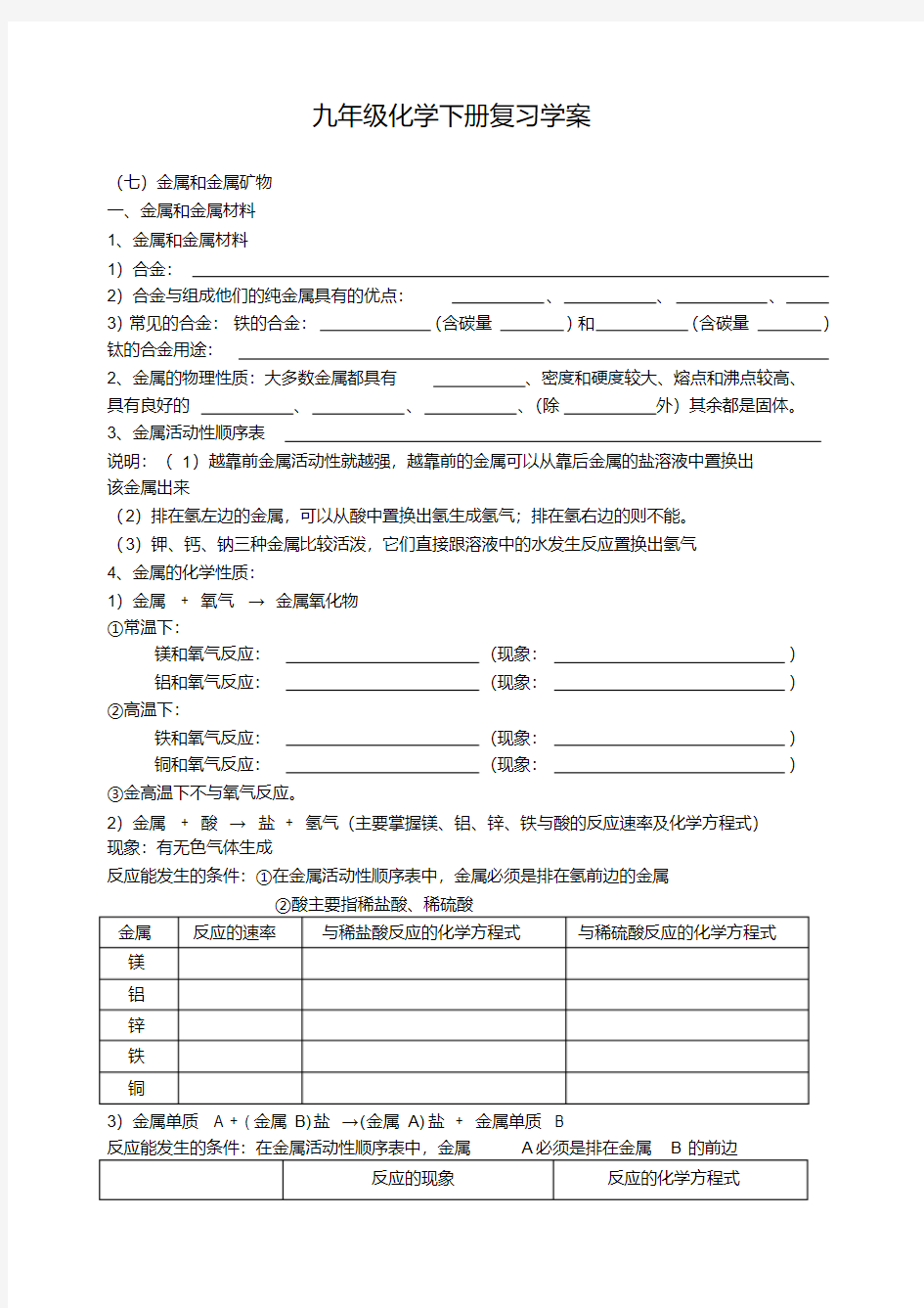 九年级化学下册复习学案人教版【精品教案】