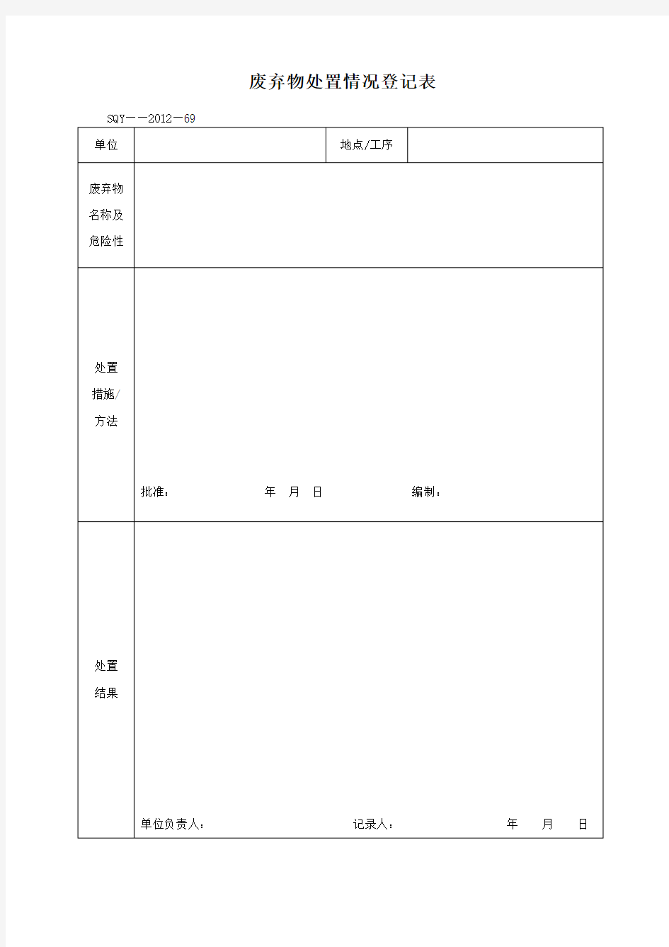 废弃物处置情况登记表格式