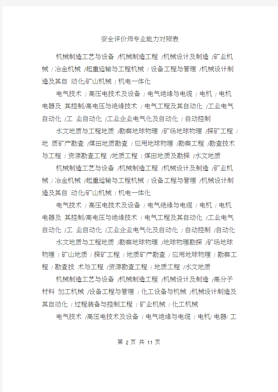 安全评价师专业能力对照表