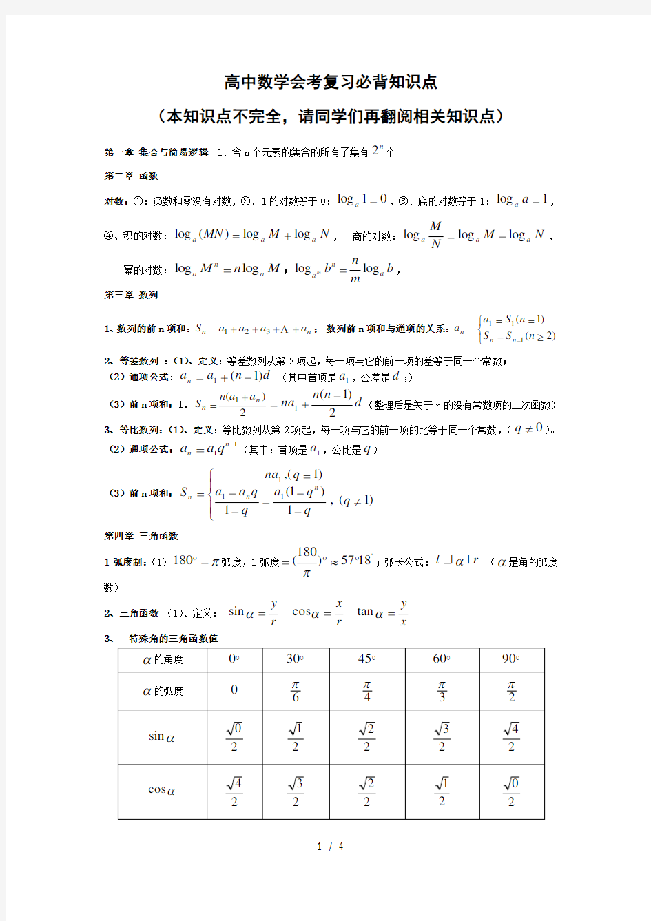 山东省高中学业水平考试数学重点及公式