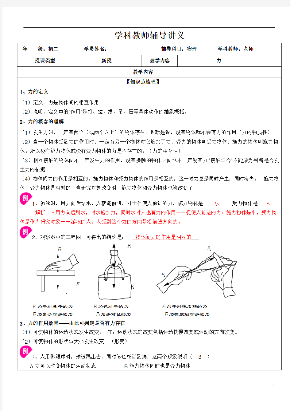 初中物理力和力的作用专题