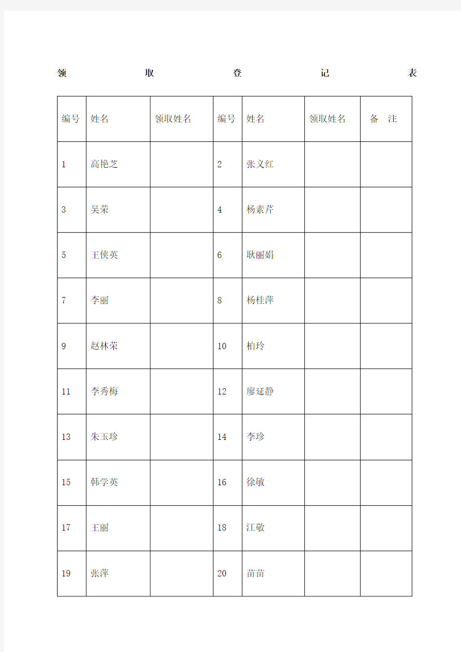 活动奖品领取登记表