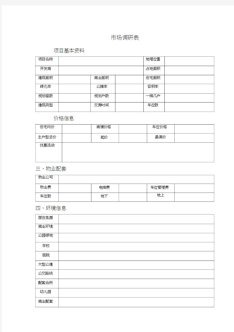 房地产市场调研表-表格范本