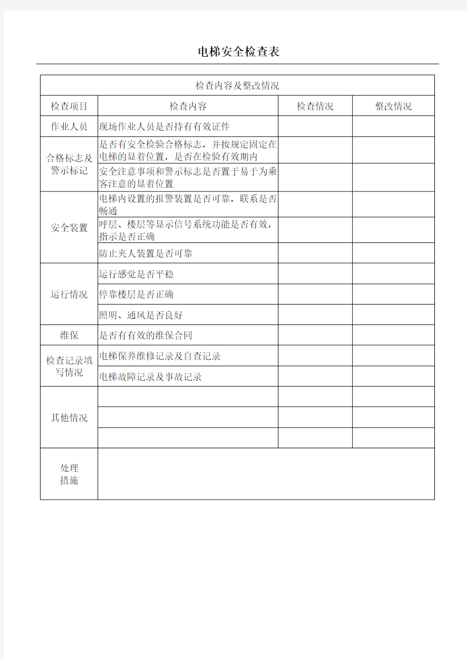 电梯安全检查表格模板