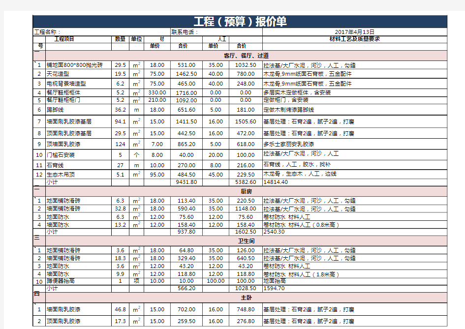 简单装修预算表