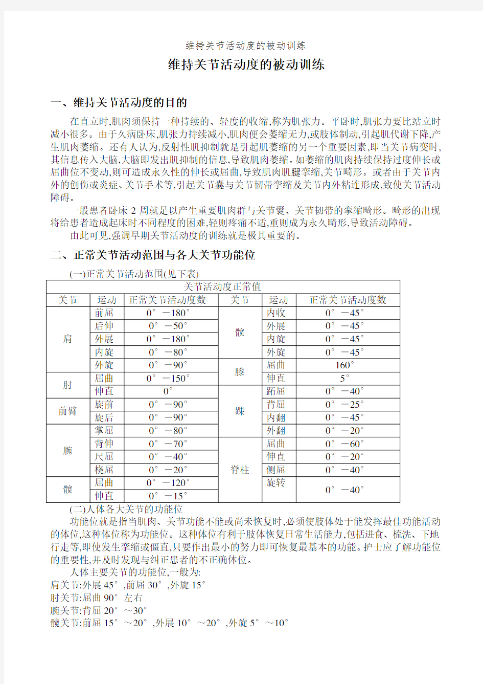 维持关节活动度的被动训练