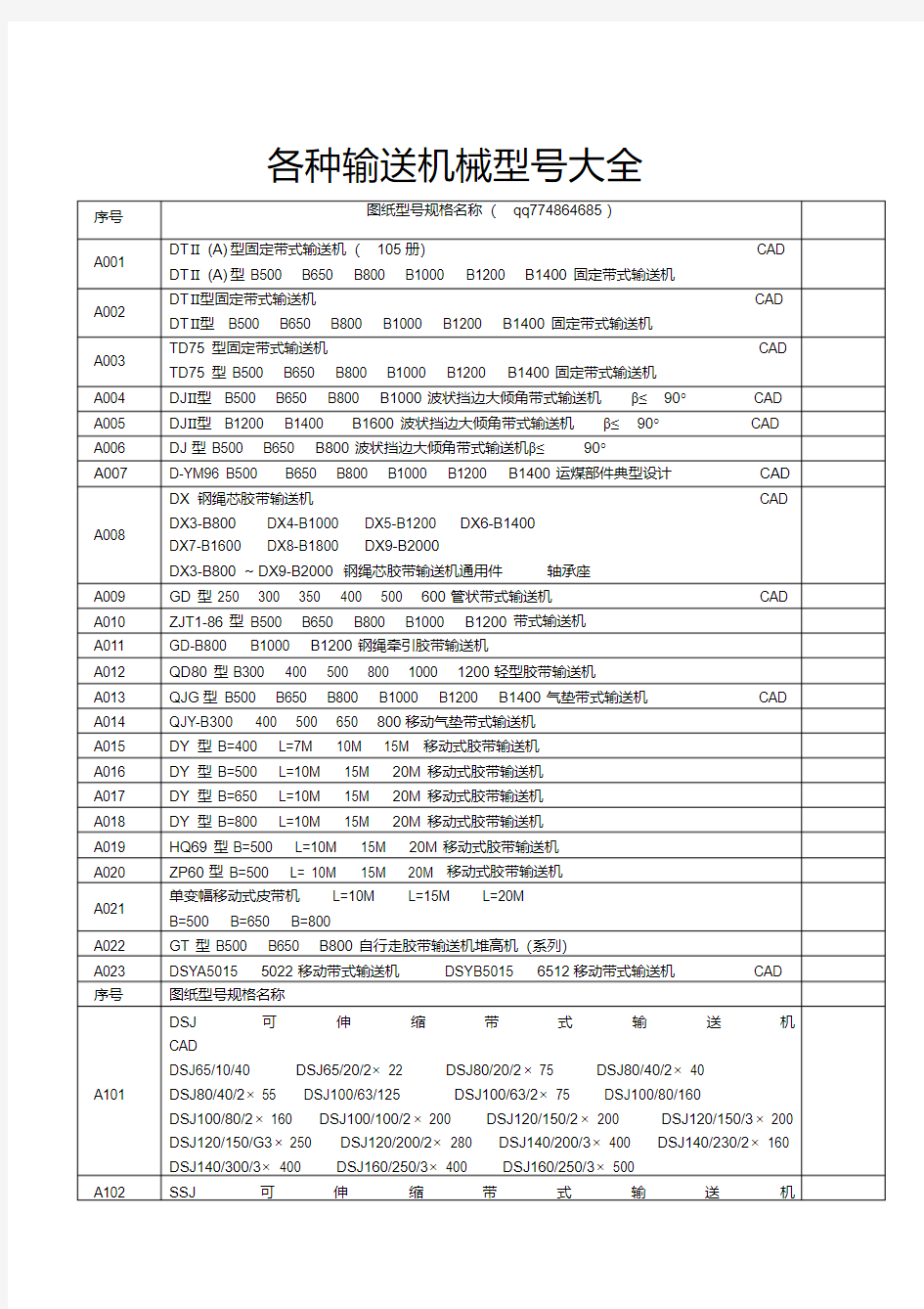 各种输送机械型号大全