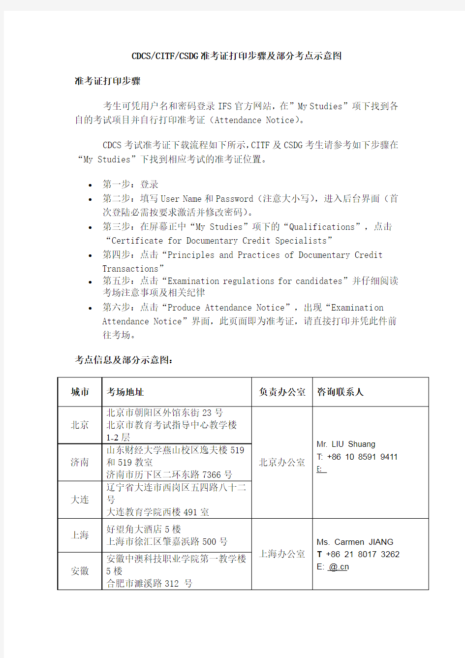 CDCSCITFCSDG准考证打印步骤及部分考点示意图