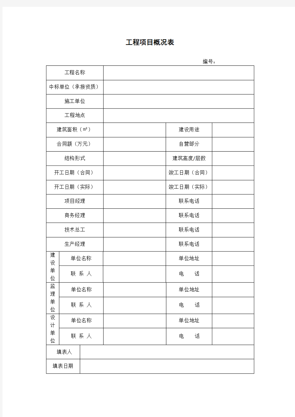 建筑工程项目信息概况表