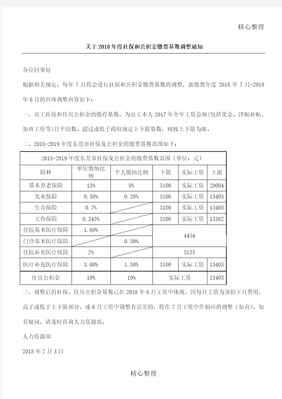 关于社保和公积金缴费基数调整通知