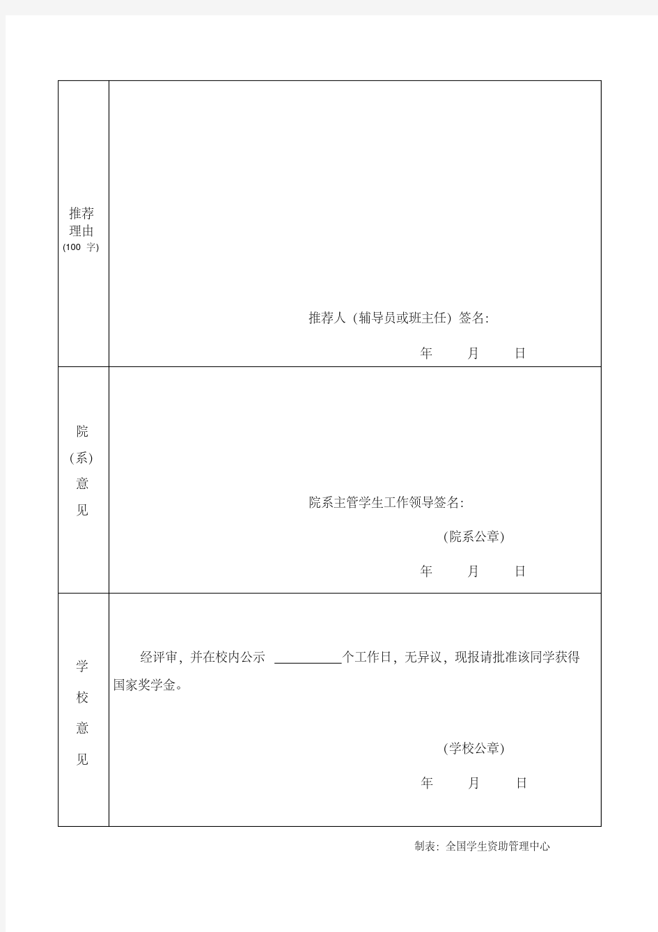 国家奖学金申请表(学生填写)(标准版)