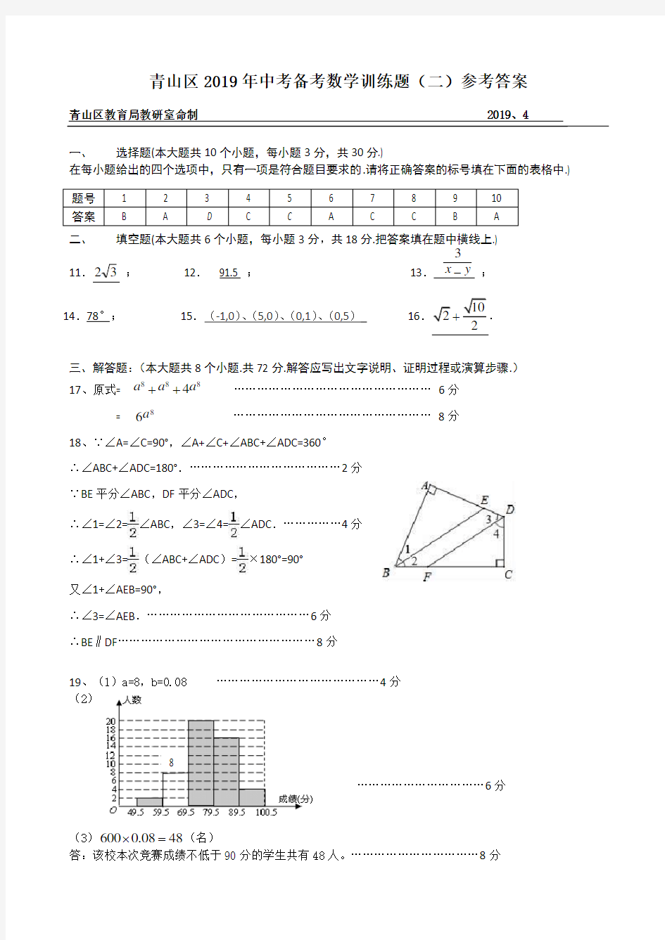 青山区2019年中考备考数学训练题(二)参考答案