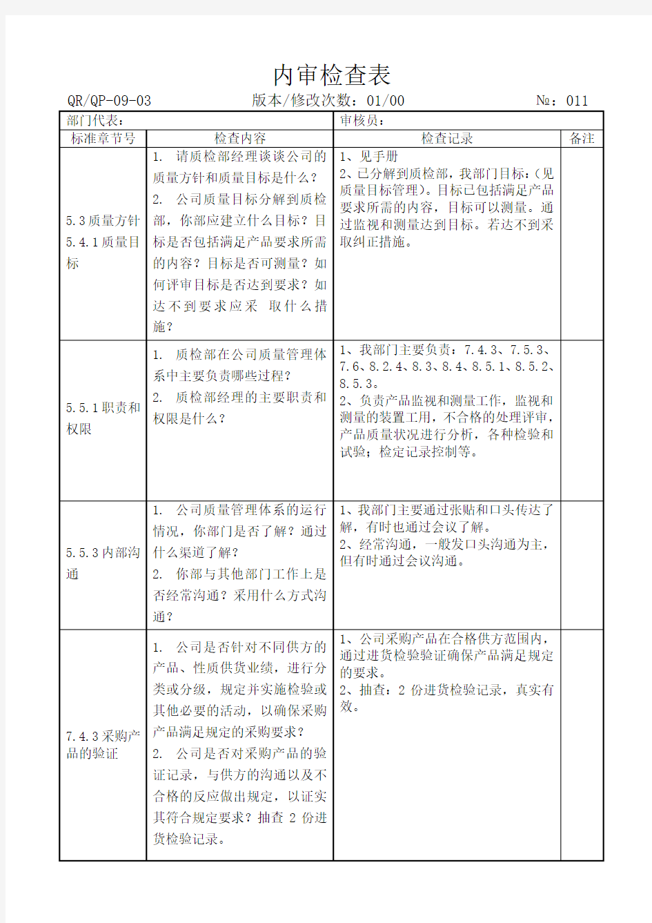 GMP内审检查表汇总内审(品质)