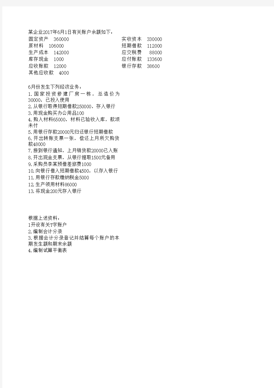 T字形账户会计分录及试算平衡表