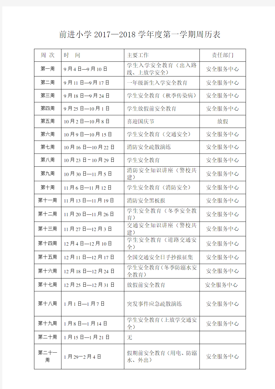 前进小学2017--2018安全工作周历历表