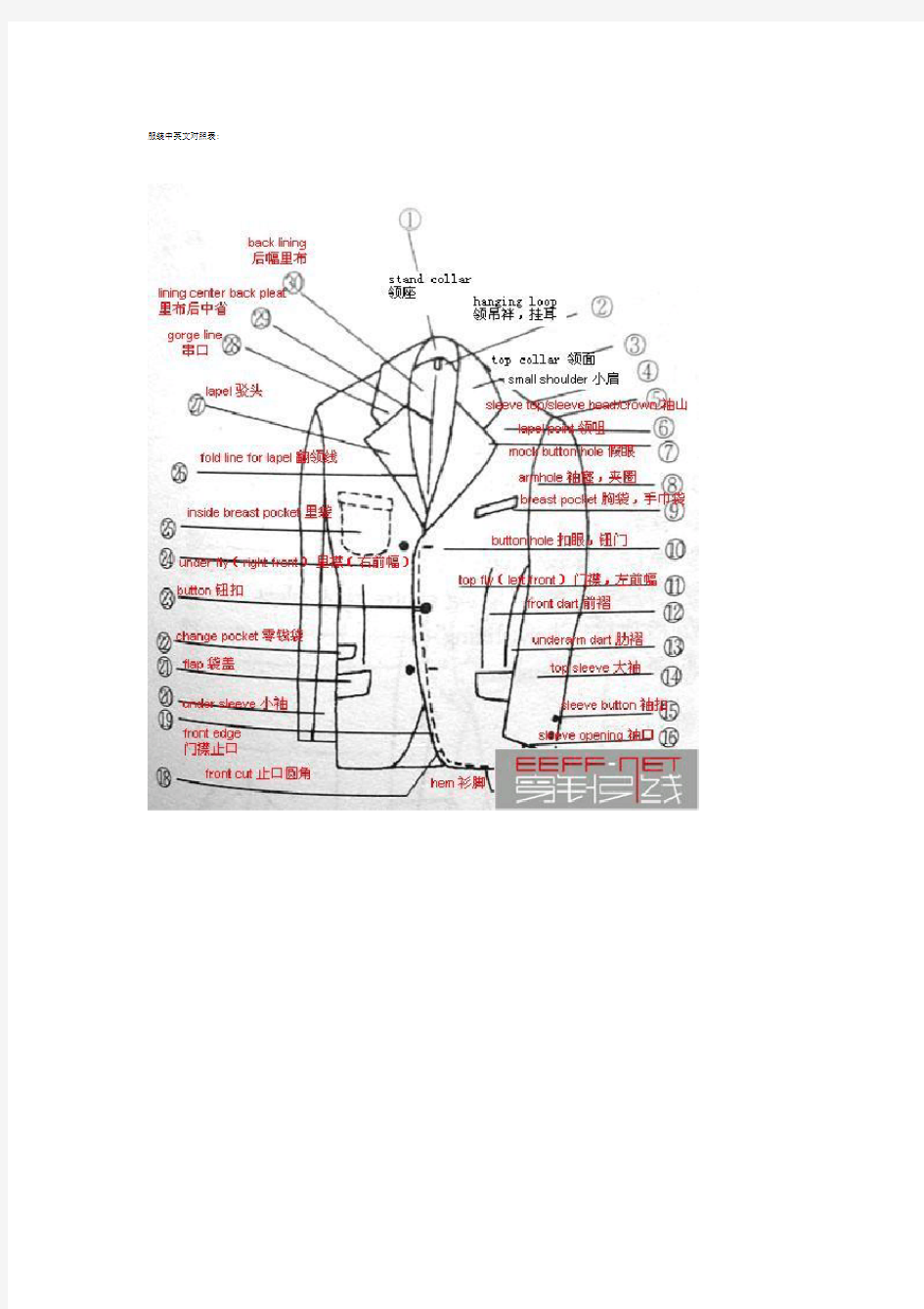 服装中英文对照表