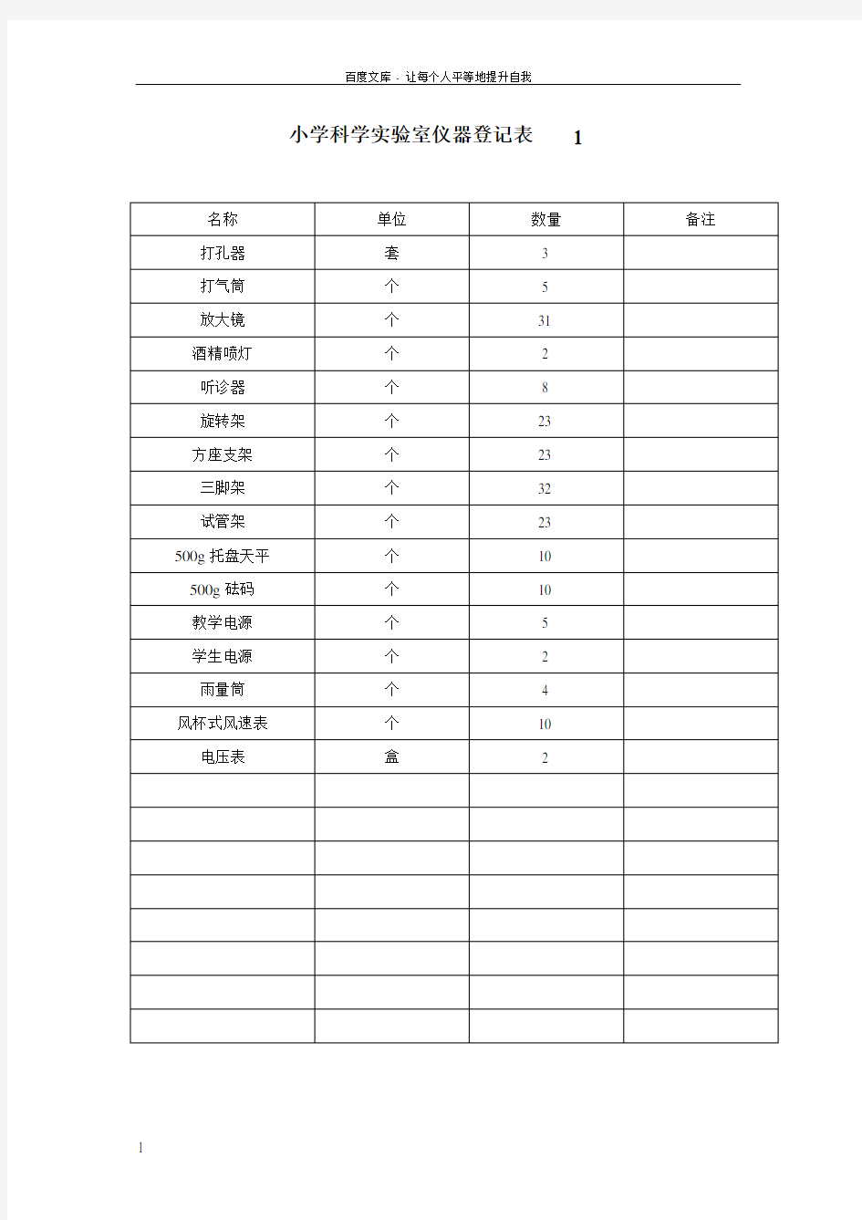 左家小学科学实验室仪器登记表