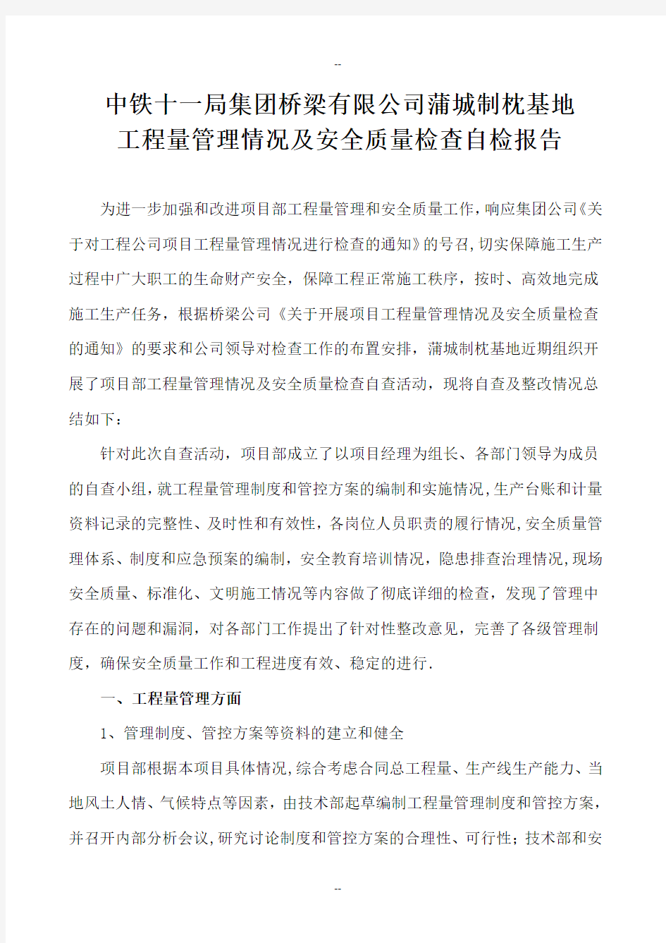 关于工程量和安全质量情况的自检报告