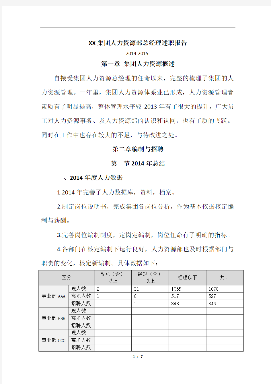 人力资源部总经理述职报告