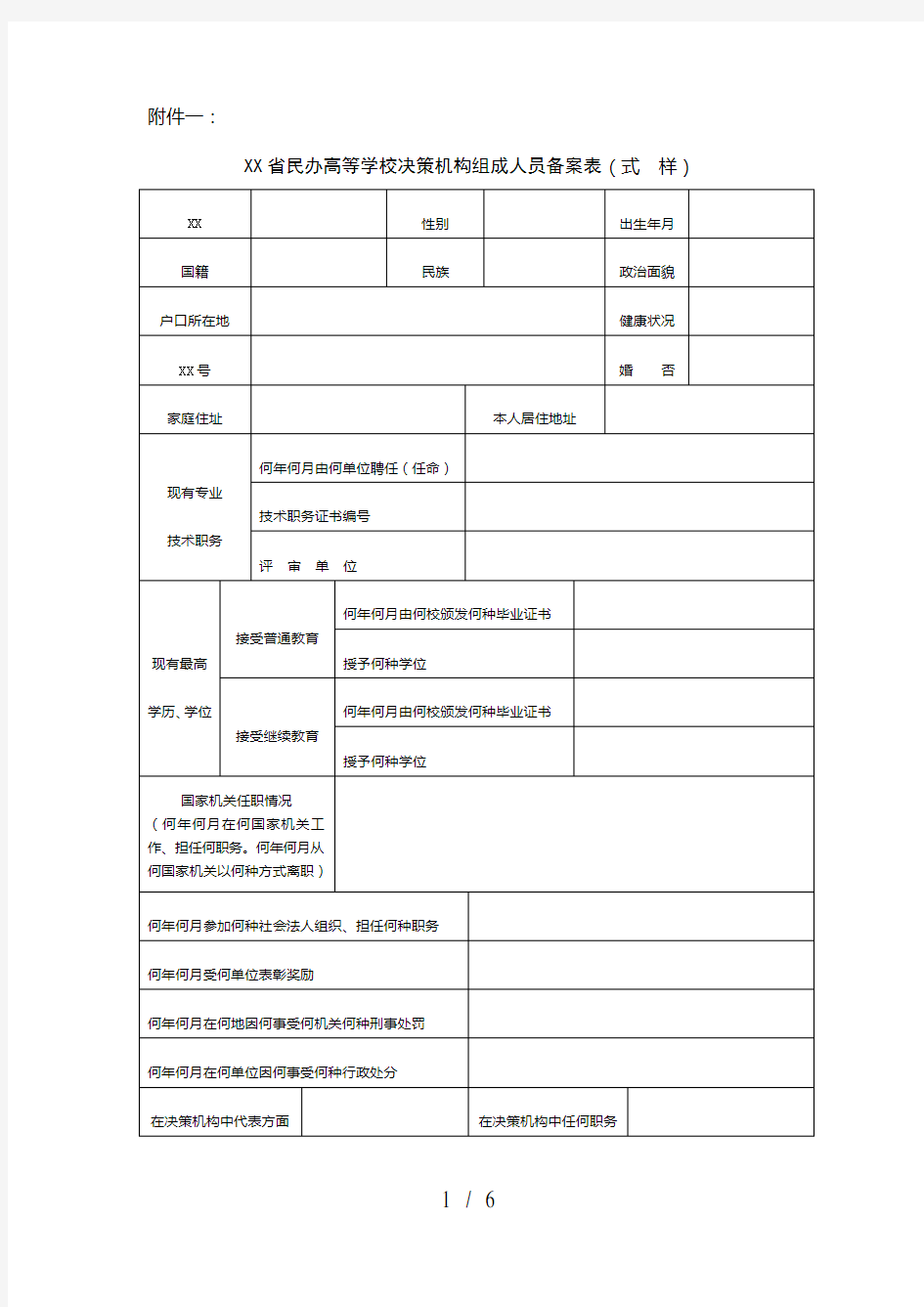 江西省民办高等学校决策机构组成人员备案表(式样)