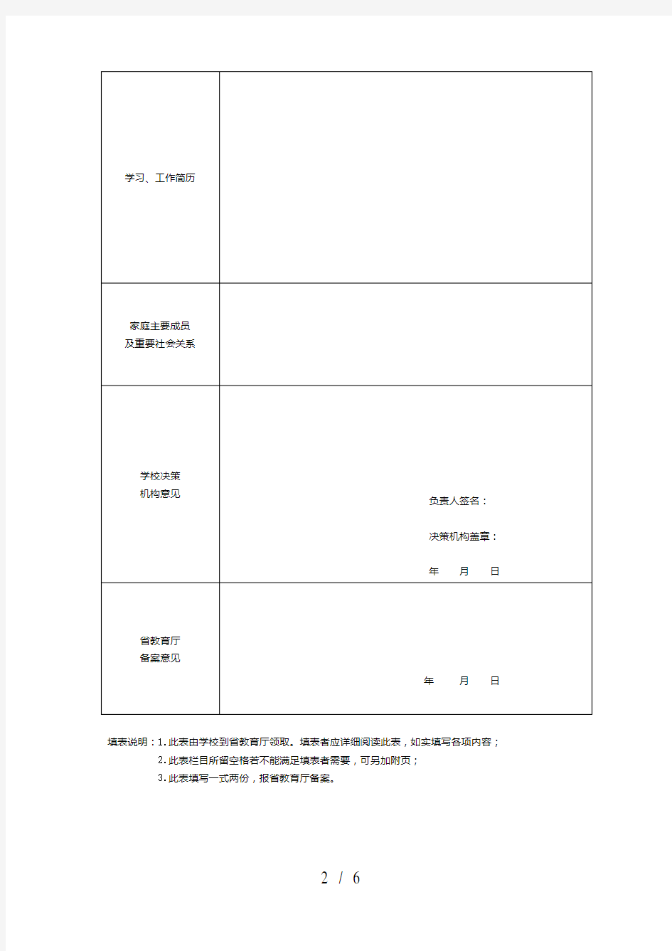江西省民办高等学校决策机构组成人员备案表(式样)