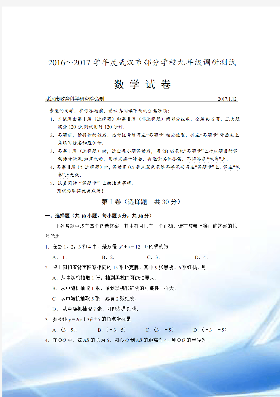 2016-2017学年度武汉市九年级元月调考数学试卷及评分标准
