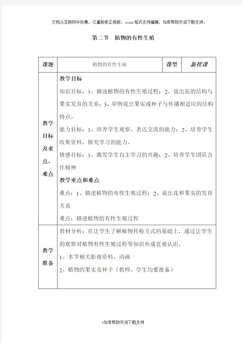 生物21.2《植物的有性生殖》教学设计(苏教版八年级下)