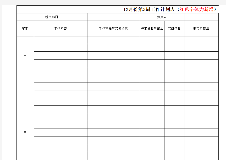 每周工作计划及进度跟踪表