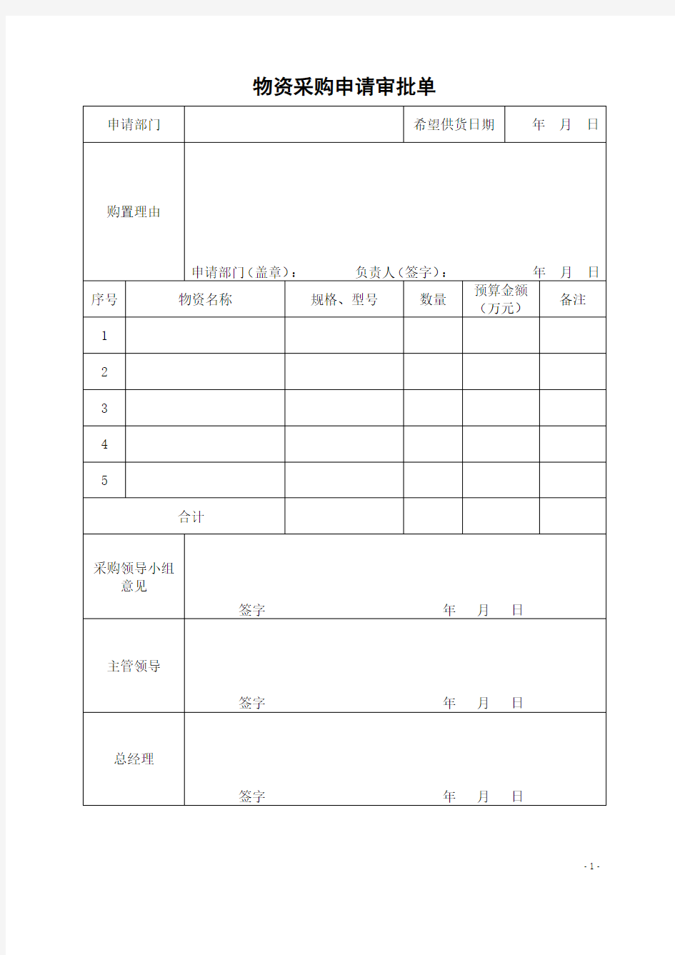 (完整版)物资采购申请审批单