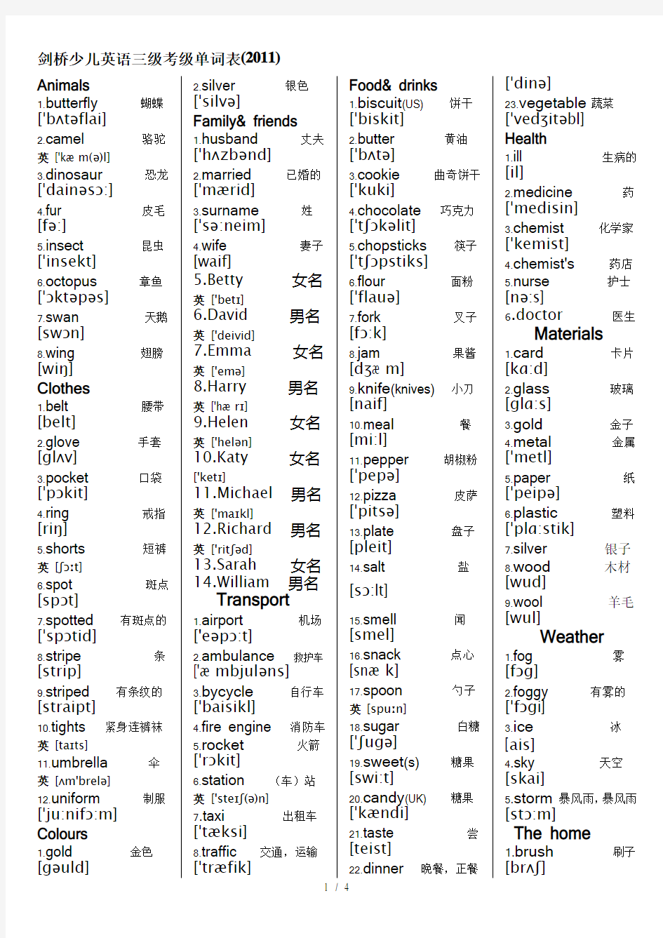 剑桥少儿英语三级考级单词表(1)