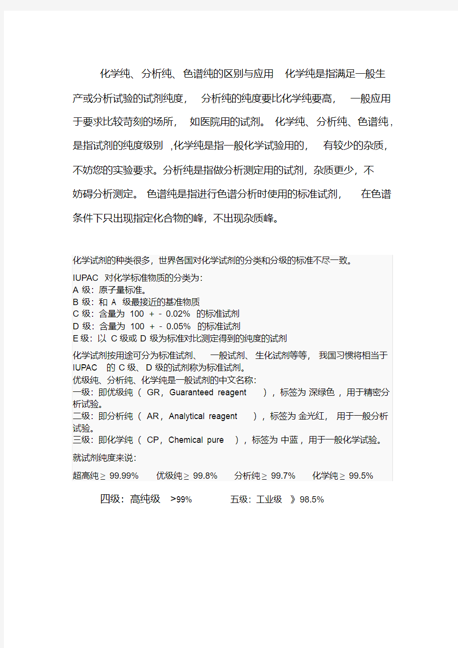 化学试剂——化学纯分析纯色谱纯的区别