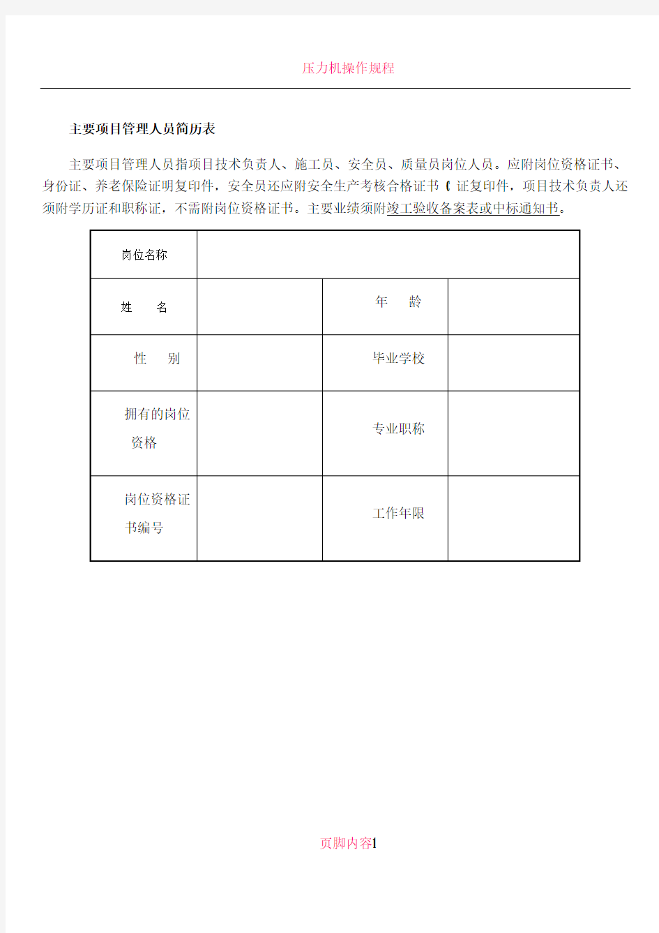 主要项目管理人员简历表