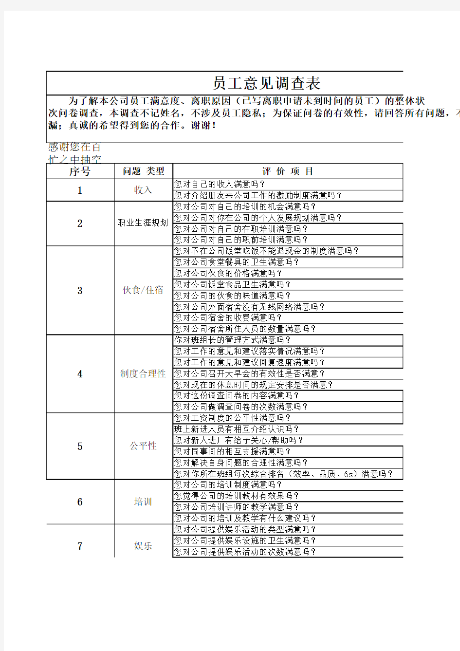 员工意见调查表