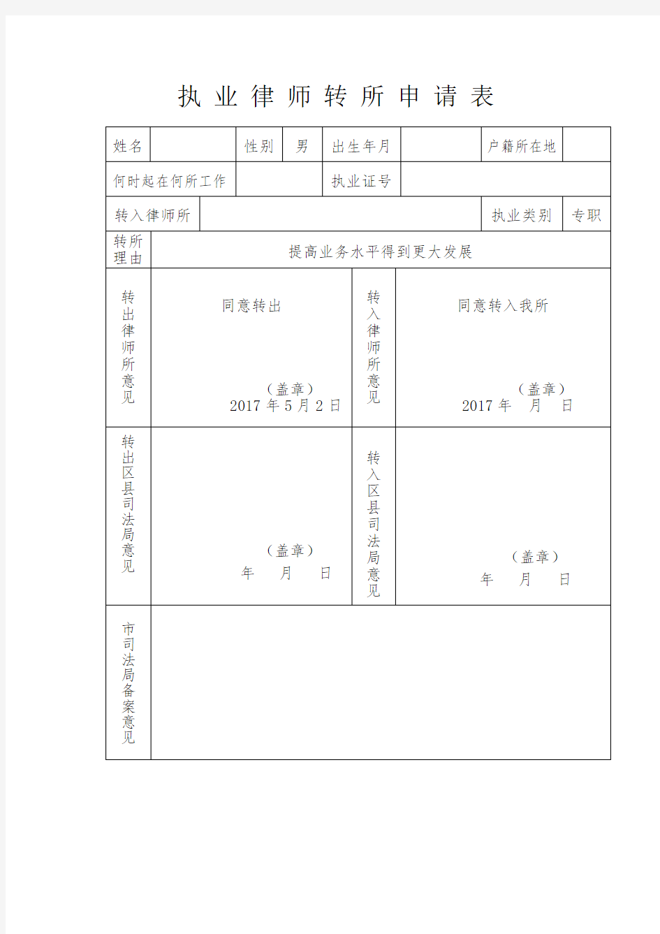 执业律师转所申请表 (专职律师版)