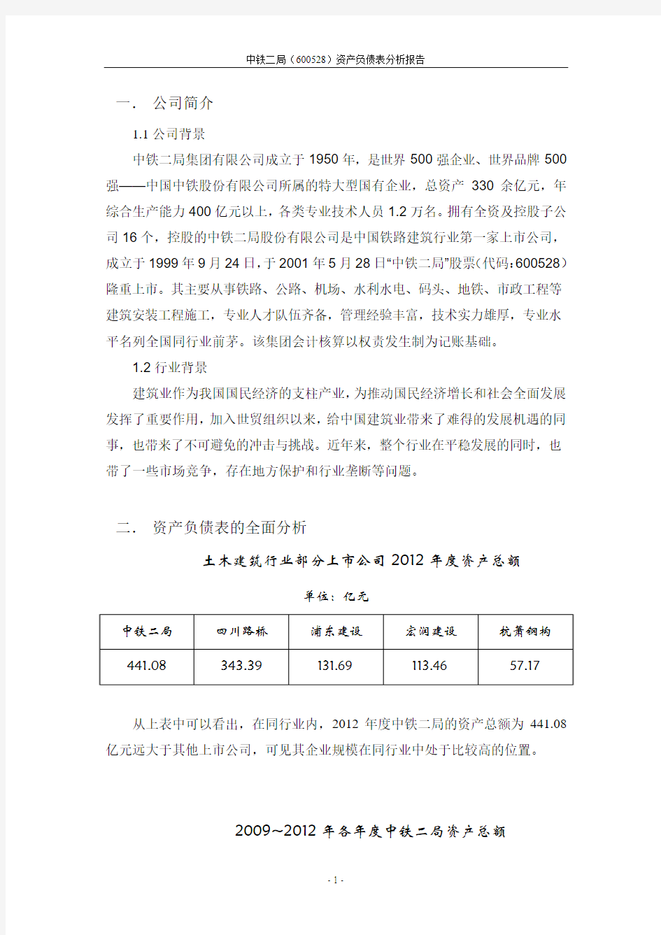 中铁二局资产负债表分析报告