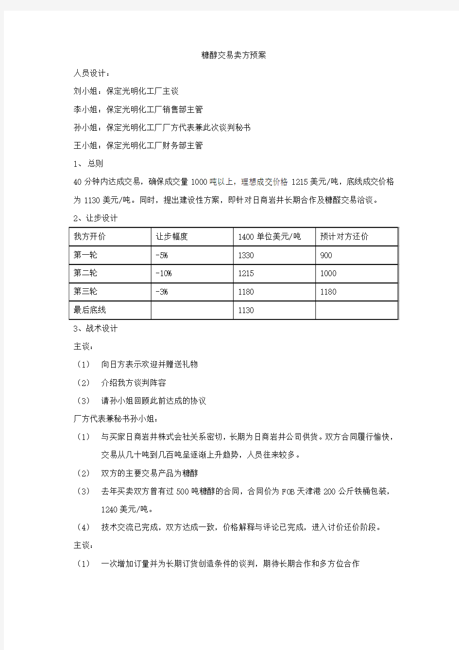 模拟商务谈判计划书(糠醇交易卖方预案)