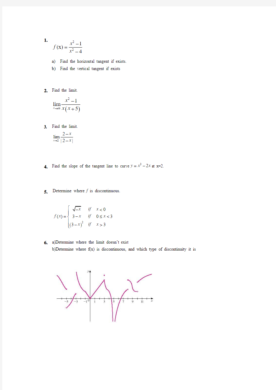 微积分极限与连续测试题Calculus Limit and Continuity Quiz