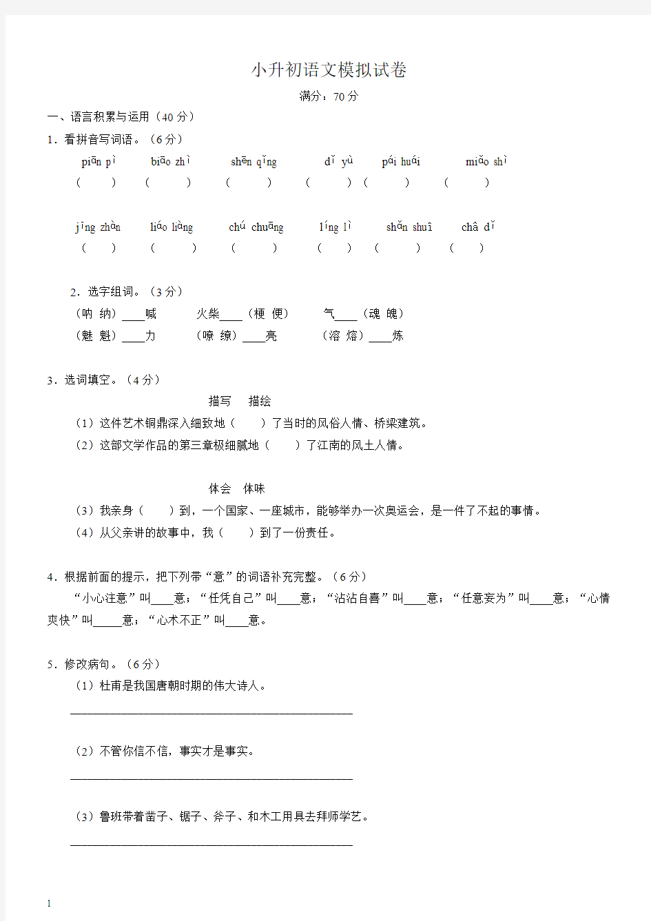 人教版六年级下册语文小升初练习试题附答案