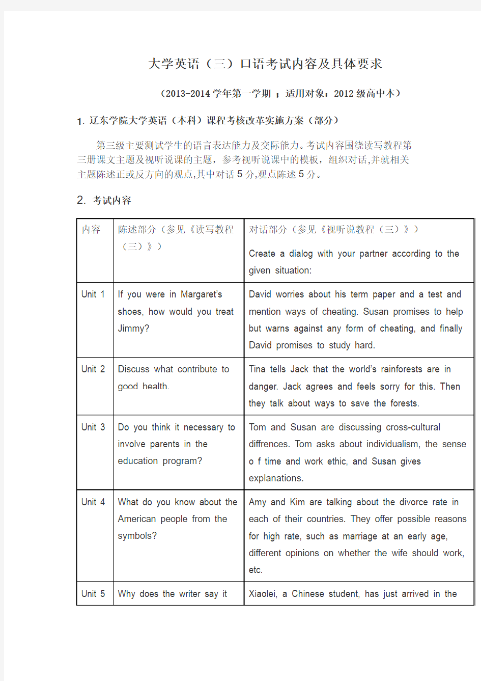 大学英语(三)口语考试内容及具体要求