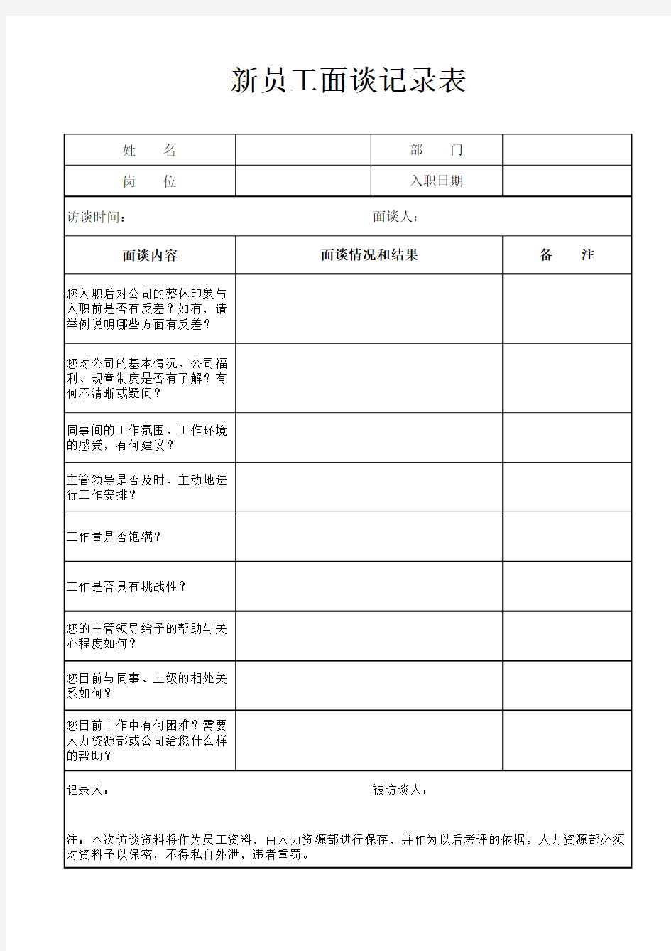 新员工面谈记录表