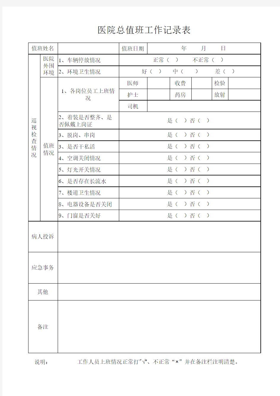 医院总值班记录表