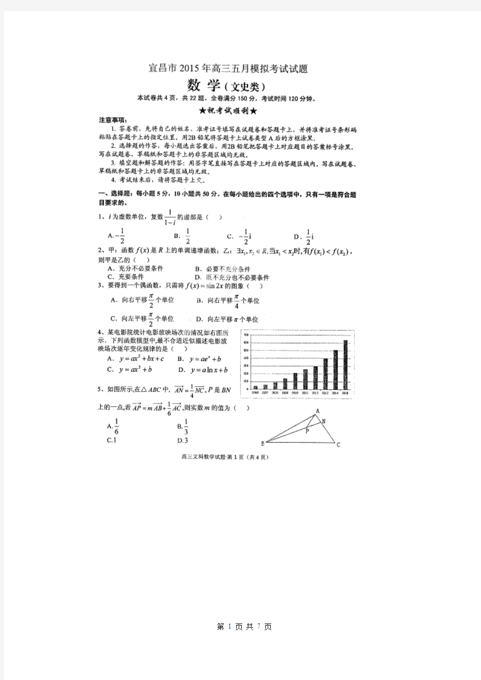 湖北省宜昌市2015届高三5月模拟考试数学(文)试题(扫描版)