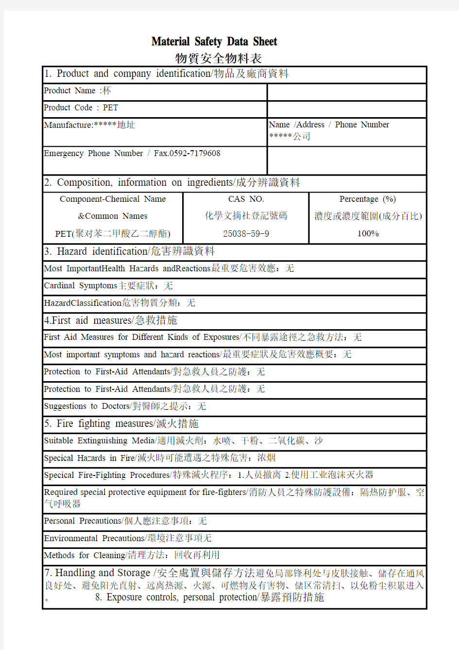 PET_物质安全列表MSDS