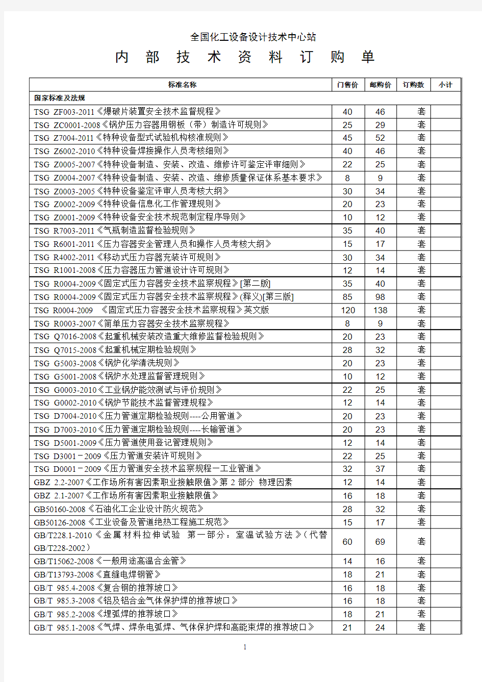 内部技术资料订购单