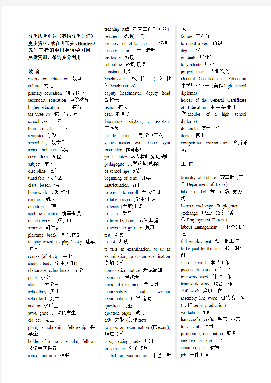 英语分类词汇