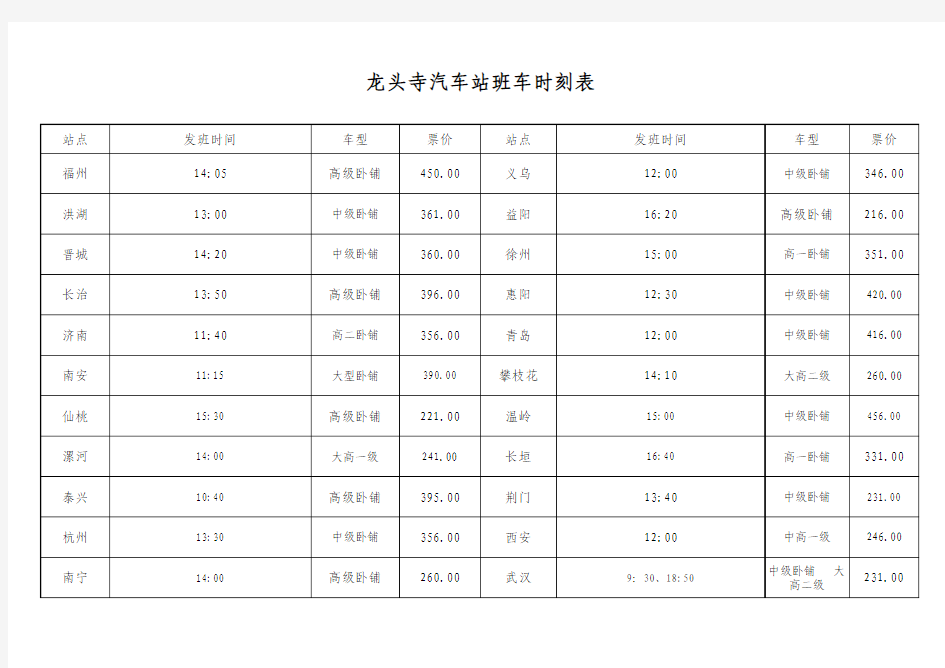 龙头寺汽车站时刻表